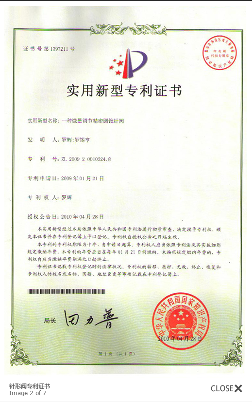 Needle valve patent certificate